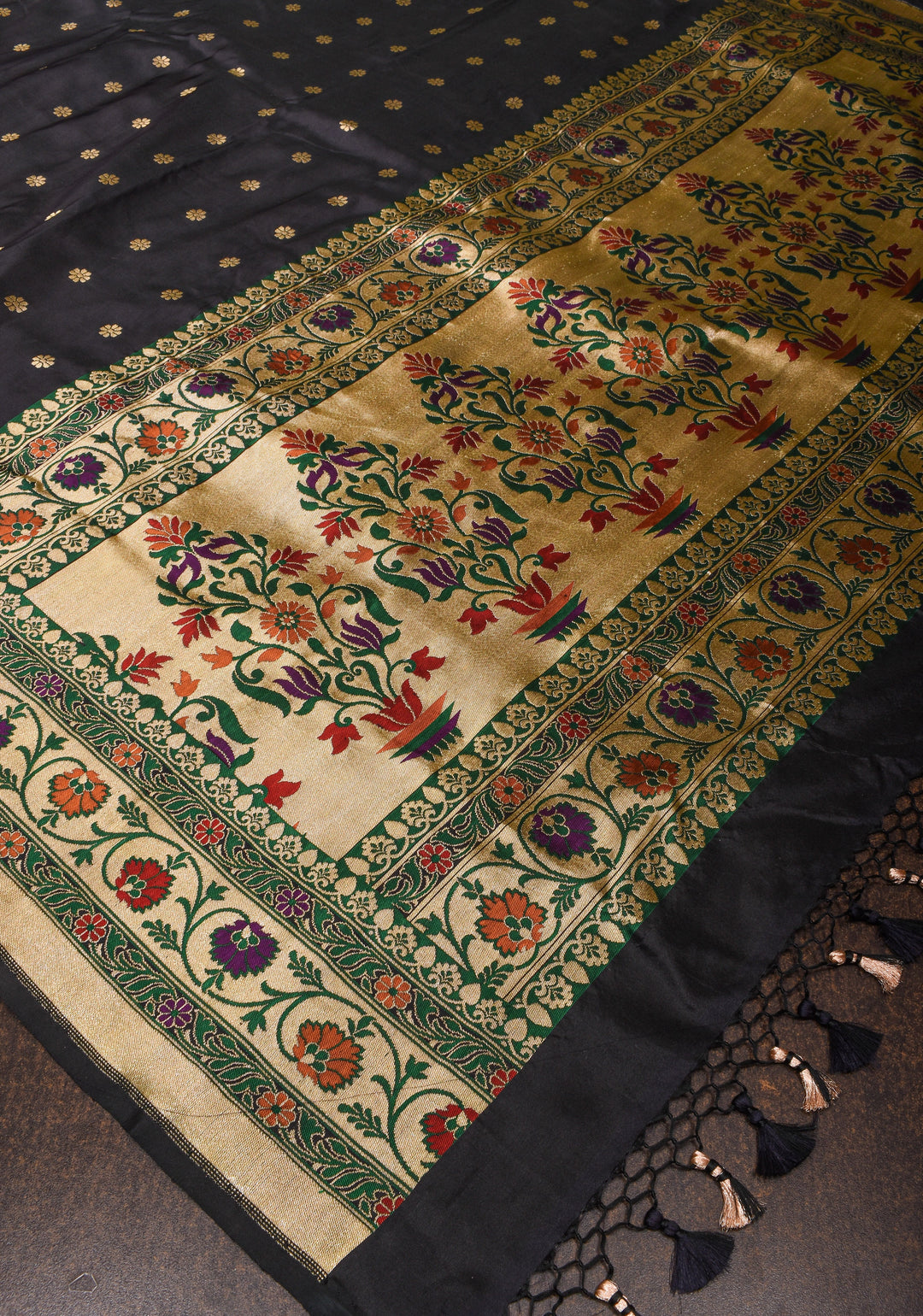 Black Pure Banarasi Katan Silk Saree with Chunri Butti & Paithani Style Borders | SILK MARK CERTIFIED