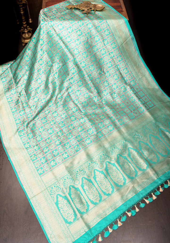 Patola Jaal Banarasi Saree with Meenakari Resham in Pastel Aqua  | SILK MARK CERTIFIED