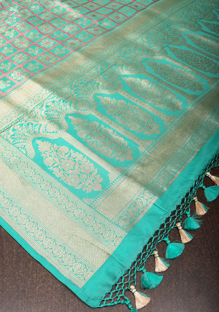 Patola Jaal Banarasi Saree with Meenakari Resham in Pastel Aqua  | SILK MARK CERTIFIED