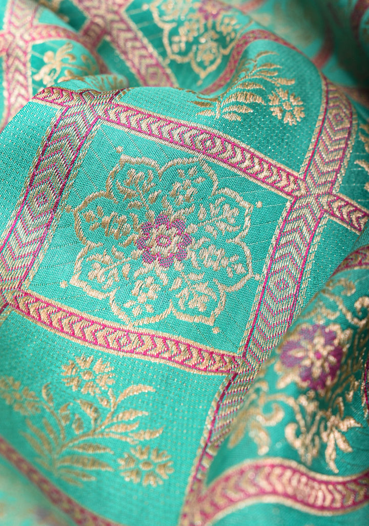 Patola Jaal Banarasi Saree with Meenakari Resham in Pastel Aqua  | SILK MARK CERTIFIED