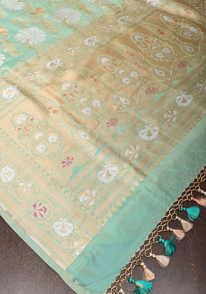 Meenakari Banarasi Katan silk saree  in Mint Green| SILK MARK CERTIFIED