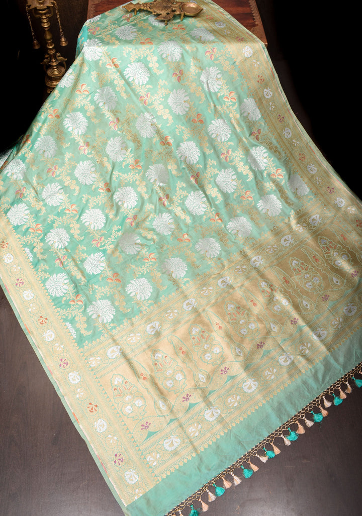 Meenakari Banarasi Katan silk saree  in Mint Green| SILK MARK CERTIFIED