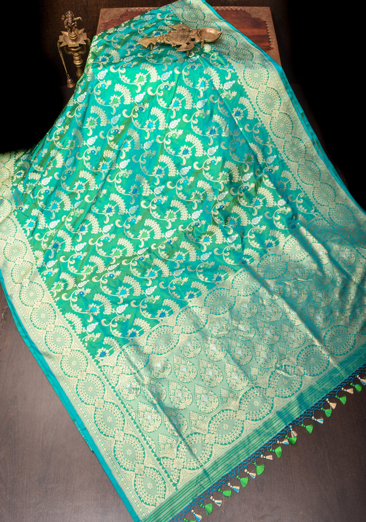 Teal Green Dual Tone Pure Banarasi Katan Silk Saree with Alfi Floral Jaal  | SILK MARK CERTIFIED