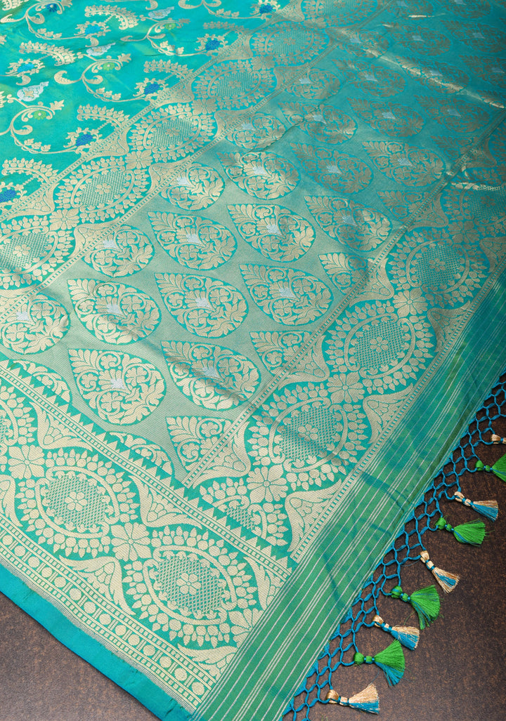 Teal Green Dual Tone Pure Banarasi Katan Silk Saree with Alfi Floral Jaal  | SILK MARK CERTIFIED