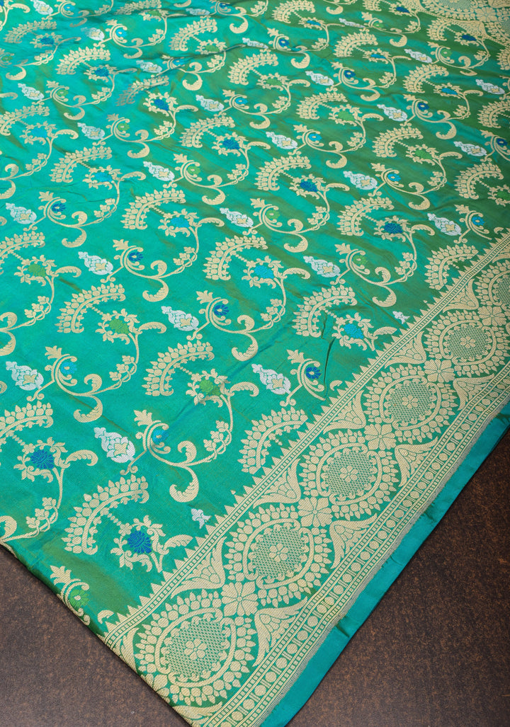 Teal Green Dual Tone Pure Banarasi Katan Silk Saree with Alfi Floral Jaal  | SILK MARK CERTIFIED