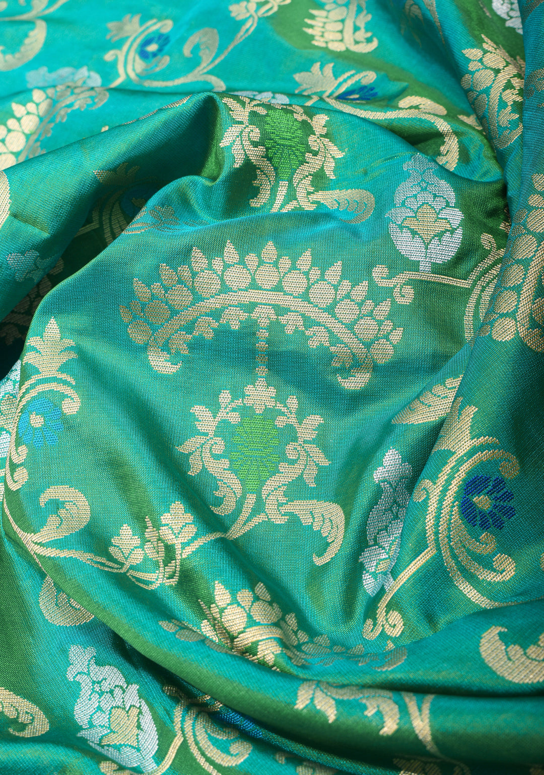 Teal Green Dual Tone Pure Banarasi Katan Silk Saree with Alfi Floral Jaal  | SILK MARK CERTIFIED