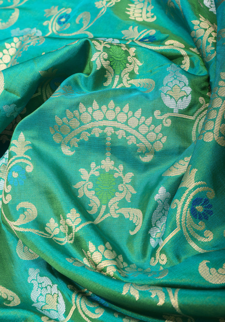 Teal Green Dual Tone Pure Banarasi Katan Silk Saree with Alfi Floral Jaal  | SILK MARK CERTIFIED