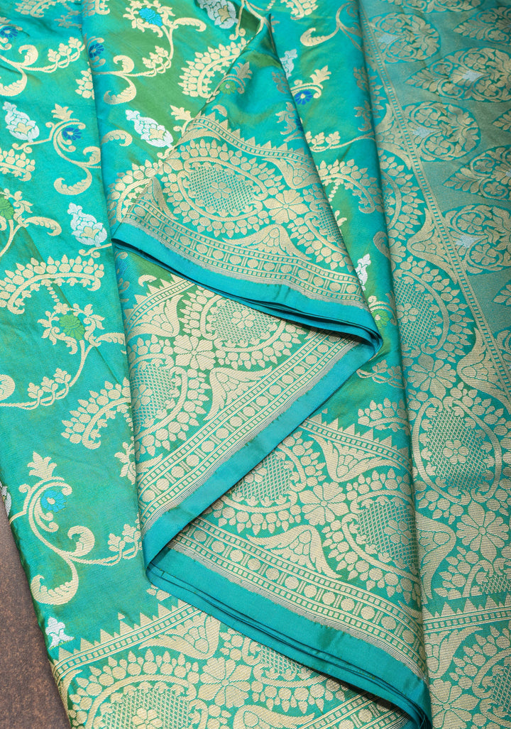 Teal Green Dual Tone Pure Banarasi Katan Silk Saree with Alfi Floral Jaal  | SILK MARK CERTIFIED