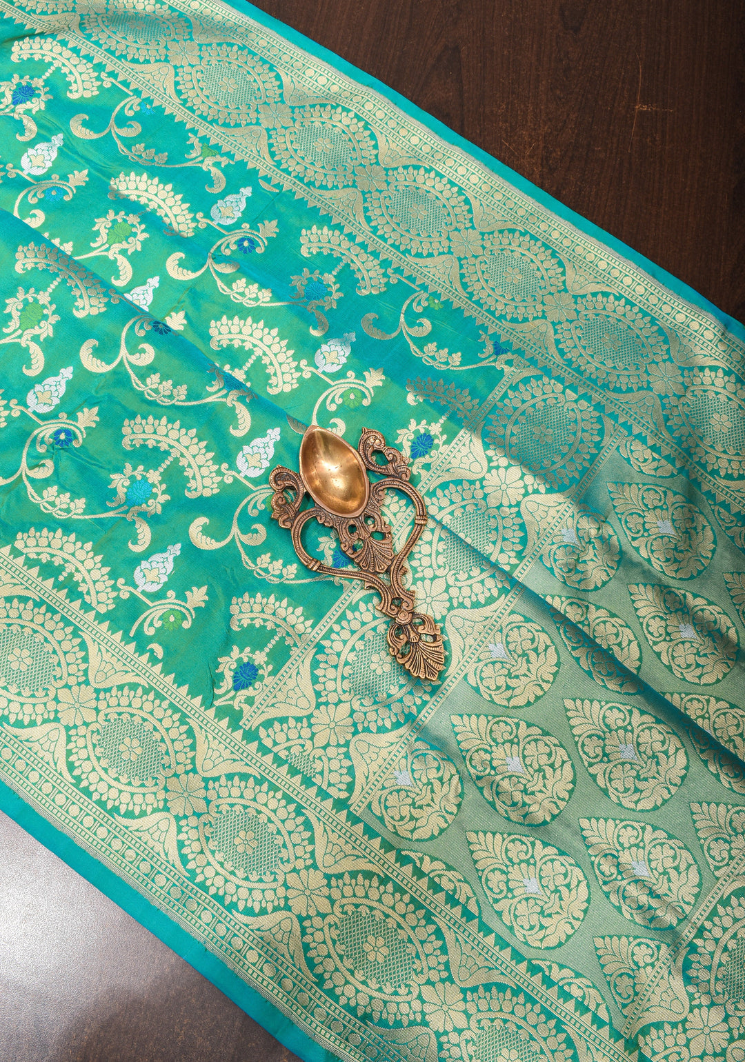 Teal Green Dual Tone Pure Banarasi Katan Silk Saree with Alfi Floral Jaal  | SILK MARK CERTIFIED