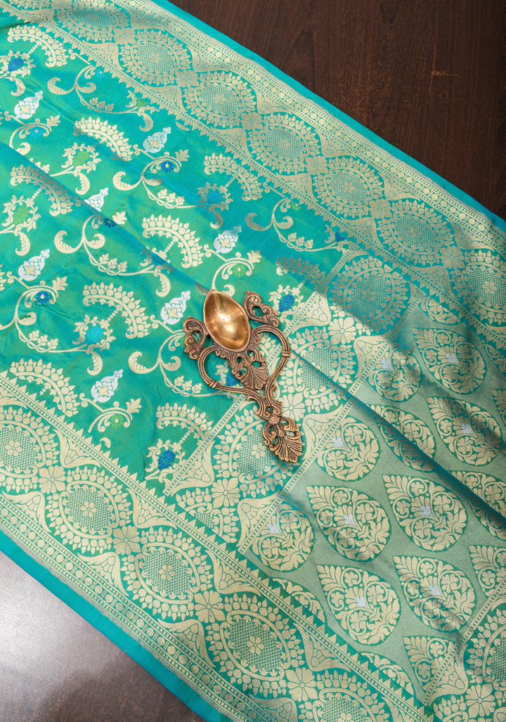 Teal Green Dual Tone Pure Banarasi Katan Silk Saree with Alfi Floral Jaal  | SILK MARK CERTIFIED