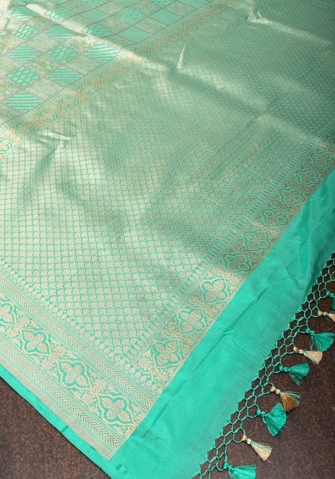 Cyan Exquisite Banarasi Katan Silk Saree with checks pattern and Buttas | SILK MARK CERTIFIED