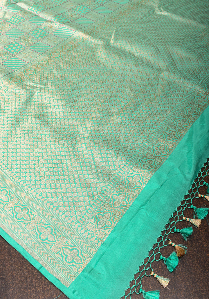 Cyan Exquisite Banarasi Katan Silk Saree with checks pattern and Buttas | SILK MARK CERTIFIED