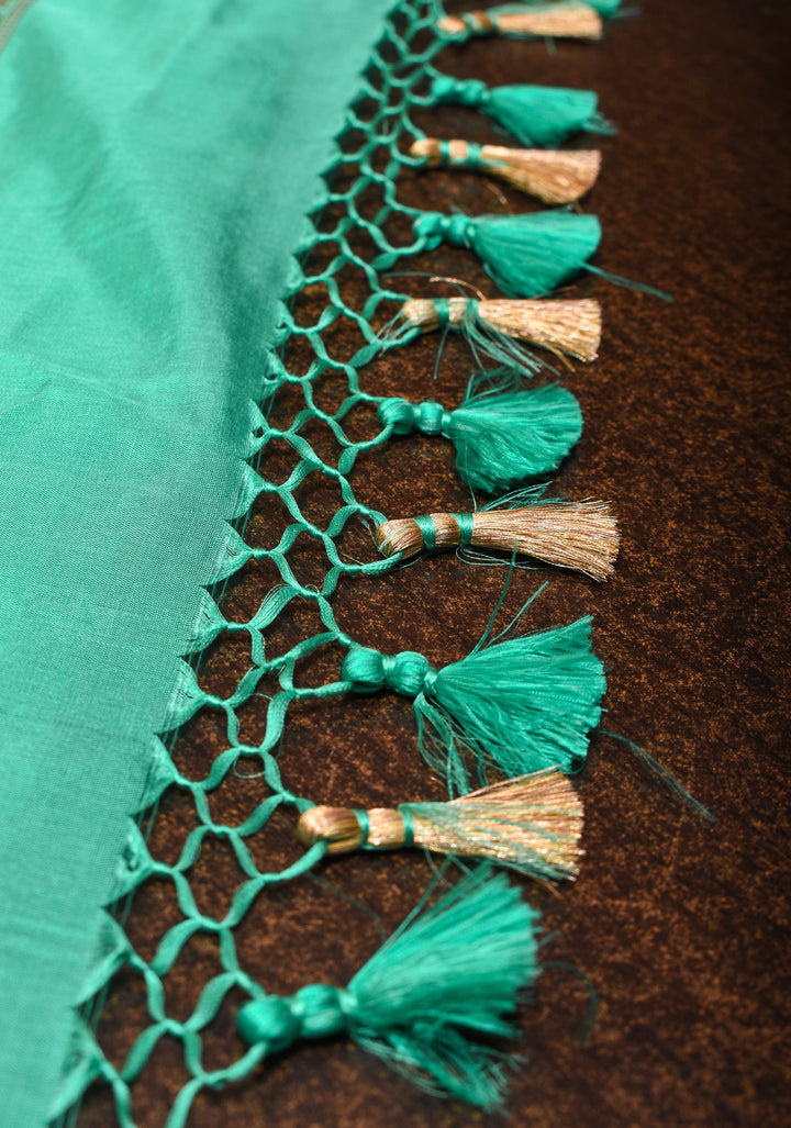 Cyan Exquisite Banarasi Katan Silk Saree with checks pattern and Buttas | SILK MARK CERTIFIED