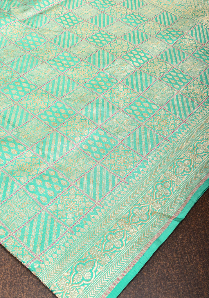 Cyan Exquisite Banarasi Katan Silk Saree with checks pattern and Buttas | SILK MARK CERTIFIED