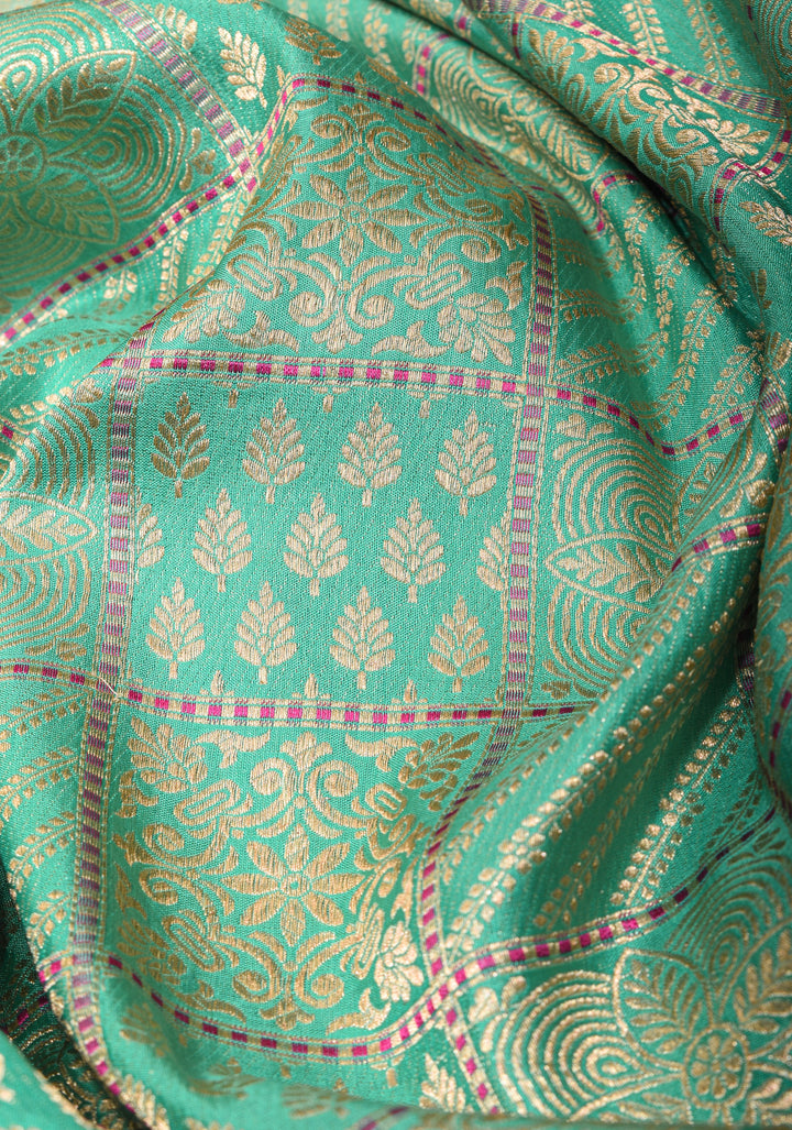 Cyan Exquisite Banarasi Katan Silk Saree with checks pattern and Buttas | SILK MARK CERTIFIED
