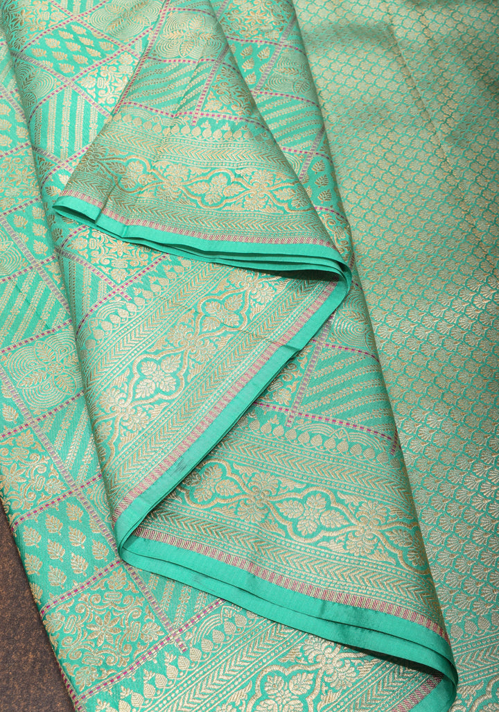 Cyan Exquisite Banarasi Katan Silk Saree with checks pattern and Buttas | SILK MARK CERTIFIED