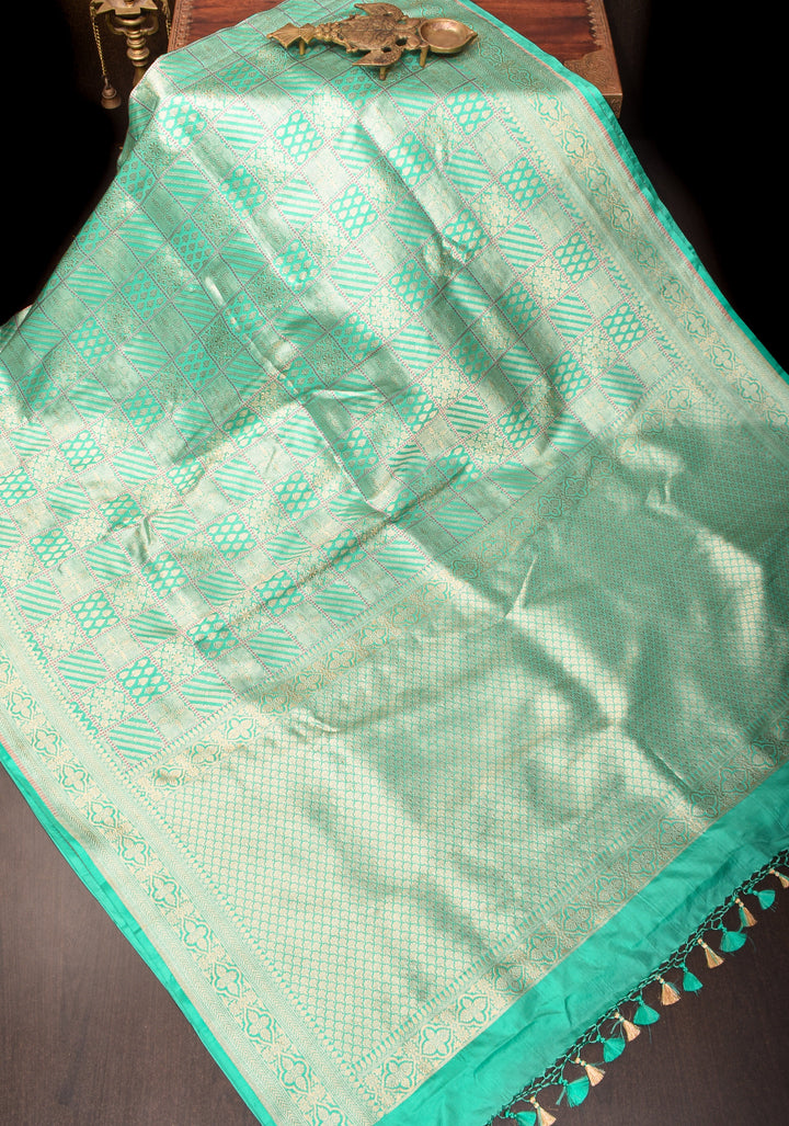 Cyan Exquisite Banarasi Katan Silk Saree with checks pattern and Buttas | SILK MARK CERTIFIED