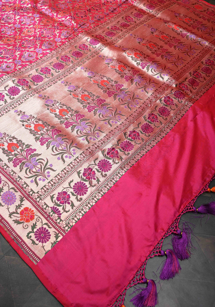 Exquisite Banarasi Patola Meenakari Katan Silk Saree in Red-pink shot color with Intricate Pallu | SILK MARK CERTIFIED