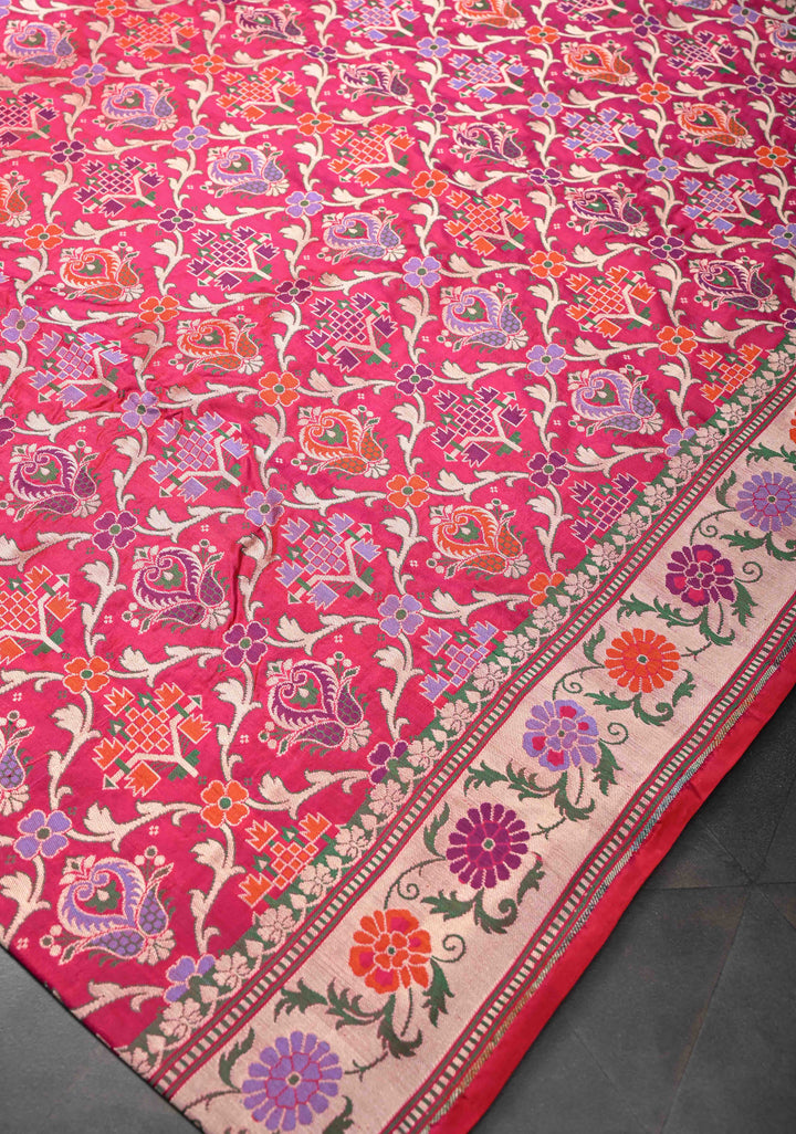 Exquisite Banarasi Patola Meenakari Katan Silk Saree in Red-pink shot color with Intricate Pallu | SILK MARK CERTIFIED