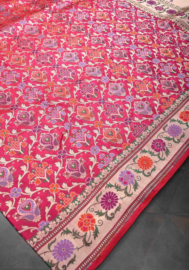 Exquisite Banarasi Patola Meenakari Katan Silk Saree in Red-pink shot color with Intricate Pallu | SILK MARK CERTIFIED