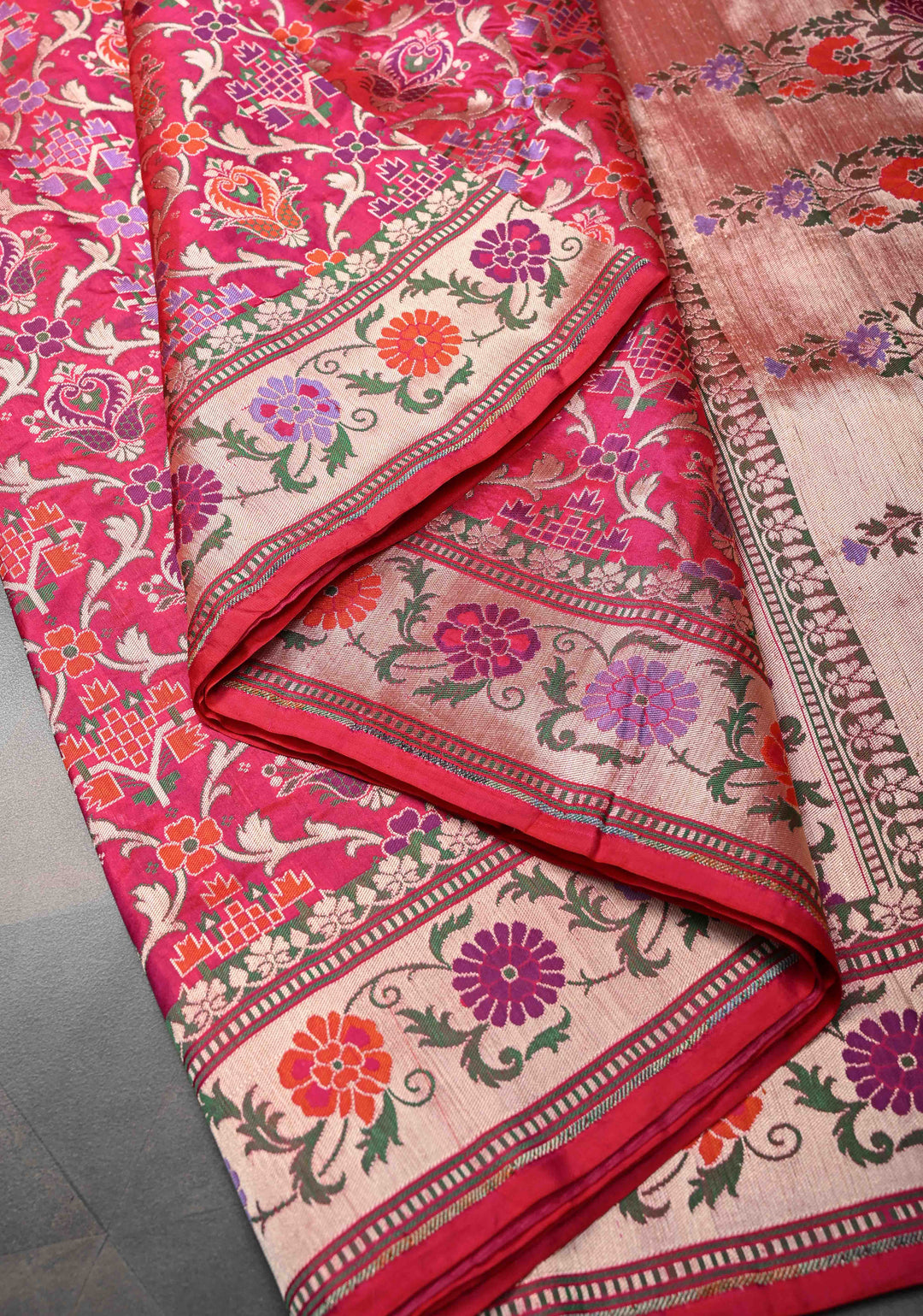 Exquisite Banarasi Patola Meenakari Katan Silk Saree in Red-pink shot color with Intricate Pallu | SILK MARK CERTIFIED