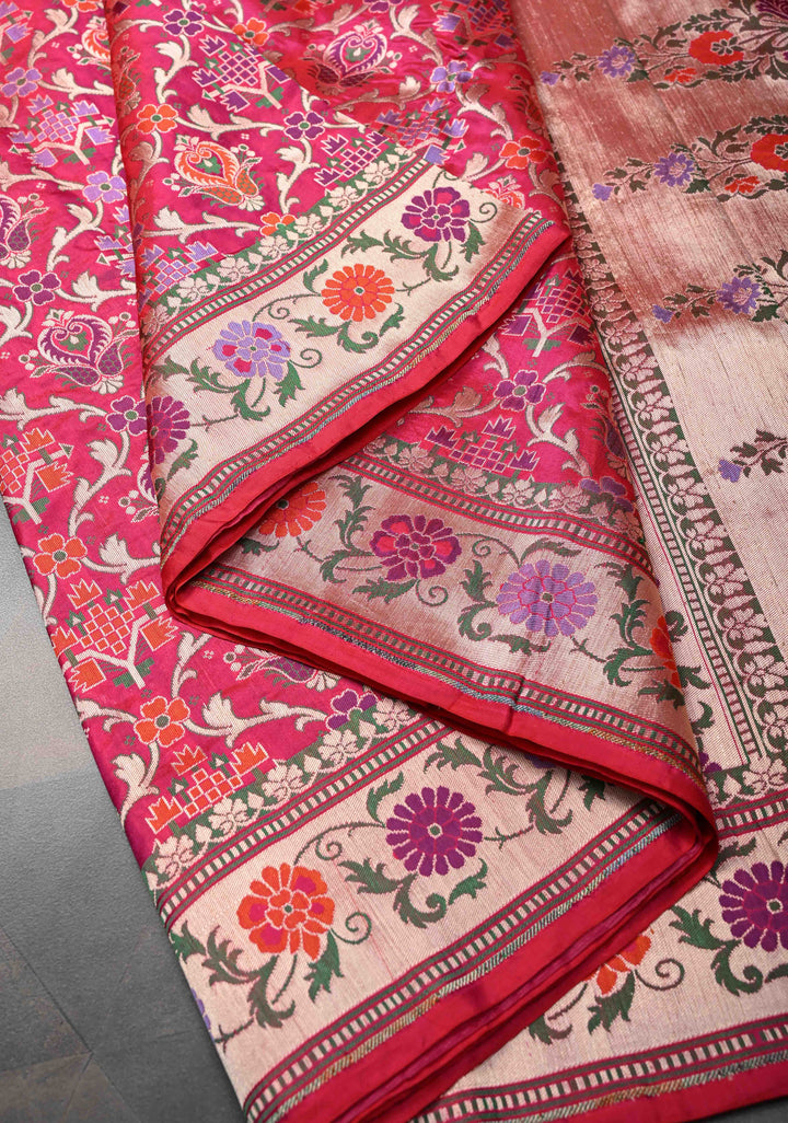 Exquisite Banarasi Patola Meenakari Katan Silk Saree in Red-pink shot color with Intricate Pallu | SILK MARK CERTIFIED