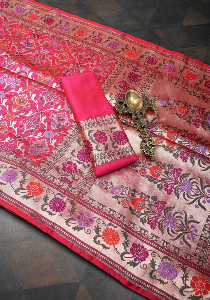 Exquisite Banarasi Patola Meenakari Katan Silk Saree in Red-pink shot color with Intricate Pallu | SILK MARK CERTIFIED