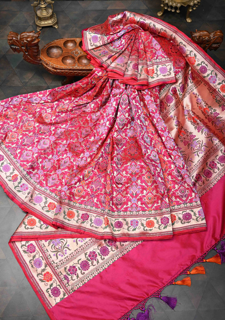 Exquisite Banarasi Patola Meenakari Katan Silk Saree in Red-pink shot color with Intricate Pallu | SILK MARK CERTIFIED