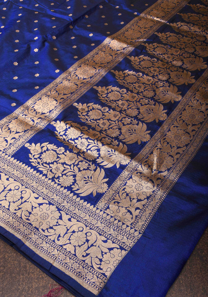 Exquisite Lapis Blue Banarasi Katan Silk Saree with Chunri Buttis and Zari Borders| SILK MARK CERTIFIED