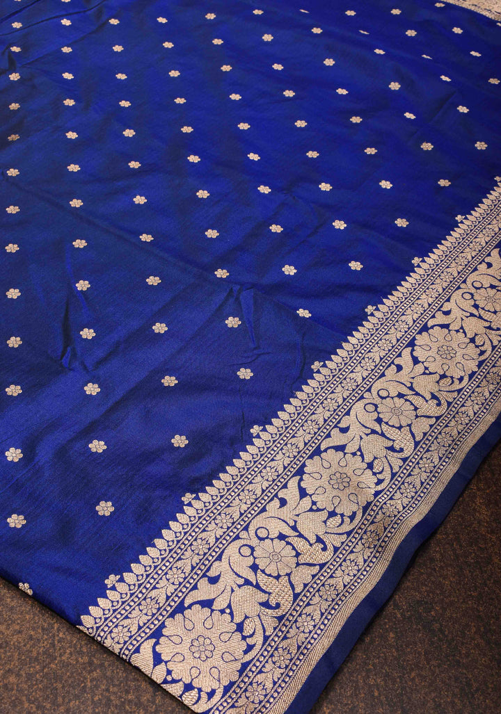 Exquisite Lapis Blue Banarasi Katan Silk Saree with Chunri Buttis and Zari Borders| SILK MARK CERTIFIED