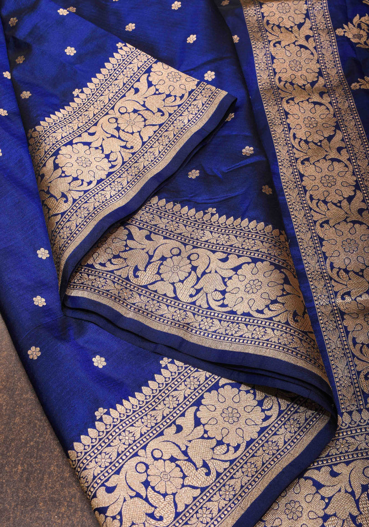 Exquisite Lapis Blue Banarasi Katan Silk Saree with Chunri Buttis and Zari Borders| SILK MARK CERTIFIED