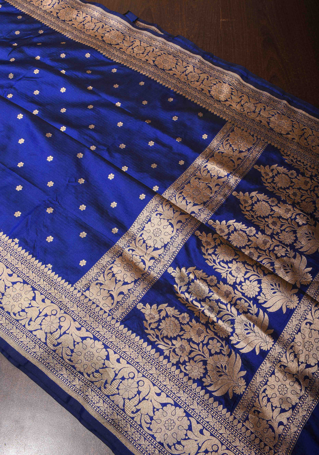 Exquisite Lapis Blue Banarasi Katan Silk Saree with Chunri Buttis and Zari Borders| SILK MARK CERTIFIED