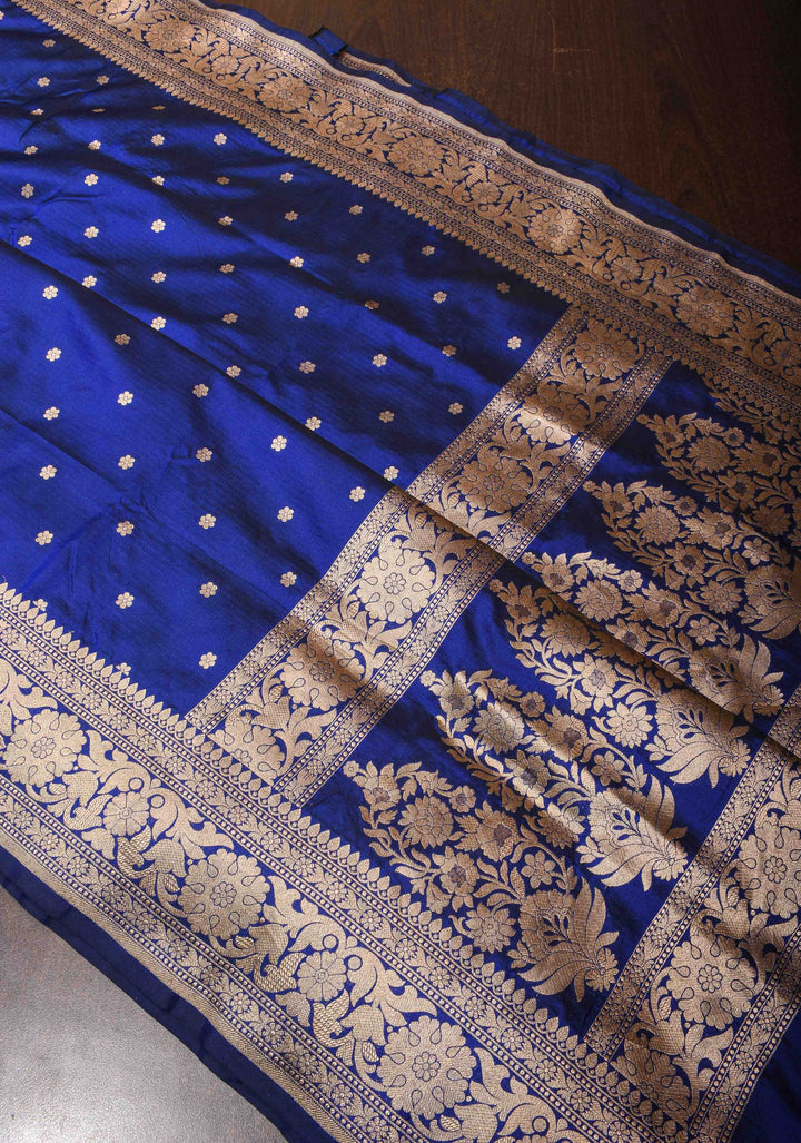 Exquisite Lapis Blue Banarasi Katan Silk Saree with Chunri Buttis and Zari Borders| SILK MARK CERTIFIED