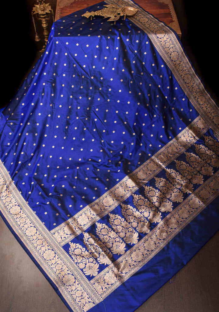 Exquisite Lapis Blue Banarasi Katan Silk Saree with Chunri Buttis and Zari Borders| SILK MARK CERTIFIED