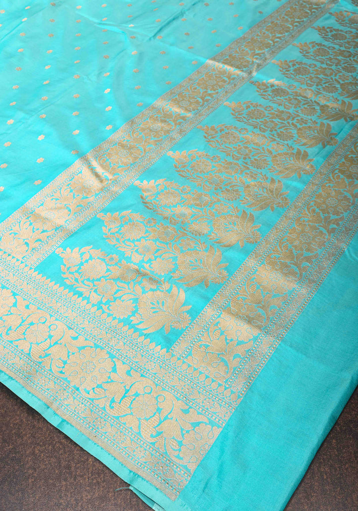 Banarasi Katan Silk Saree in Turquoise Blue with Chunri Buttas and Zari Border | SILK MARK CERTIFIED