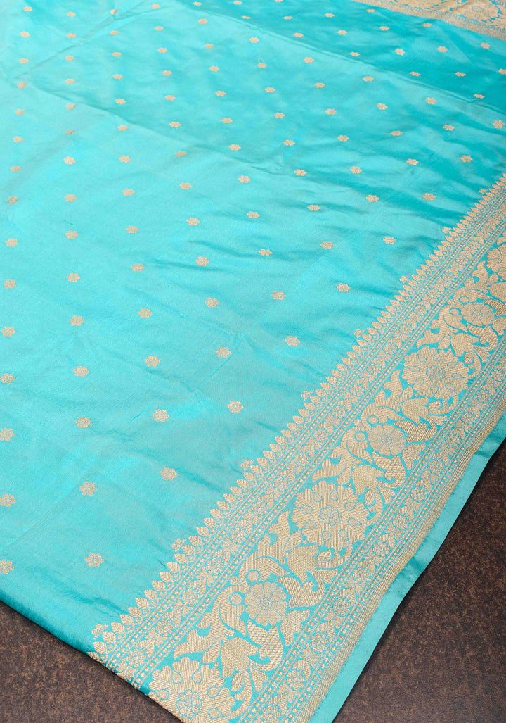 Banarasi Katan Silk Saree in Turquoise Blue with Chunri Buttas and Zari Border | SILK MARK CERTIFIED