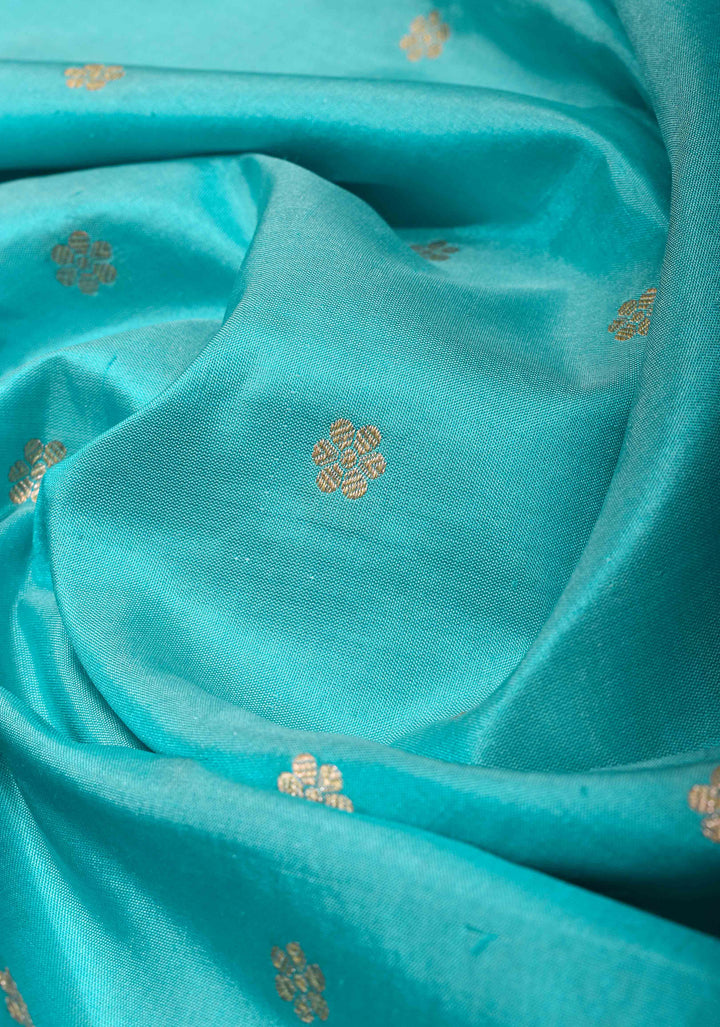 Banarasi Katan Silk Saree in Turquoise Blue with Chunri Buttas and Zari Border | SILK MARK CERTIFIED