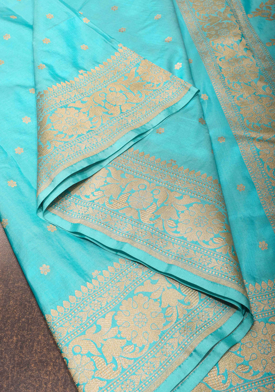 Banarasi Katan Silk Saree in Turquoise Blue with Chunri Buttas and Zari Border | SILK MARK CERTIFIED