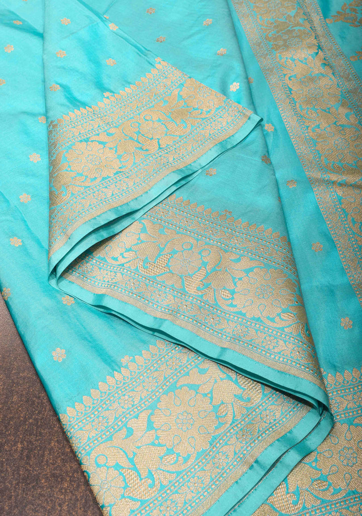 Banarasi Katan Silk Saree in Turquoise Blue with Chunri Buttas and Zari Border | SILK MARK CERTIFIED