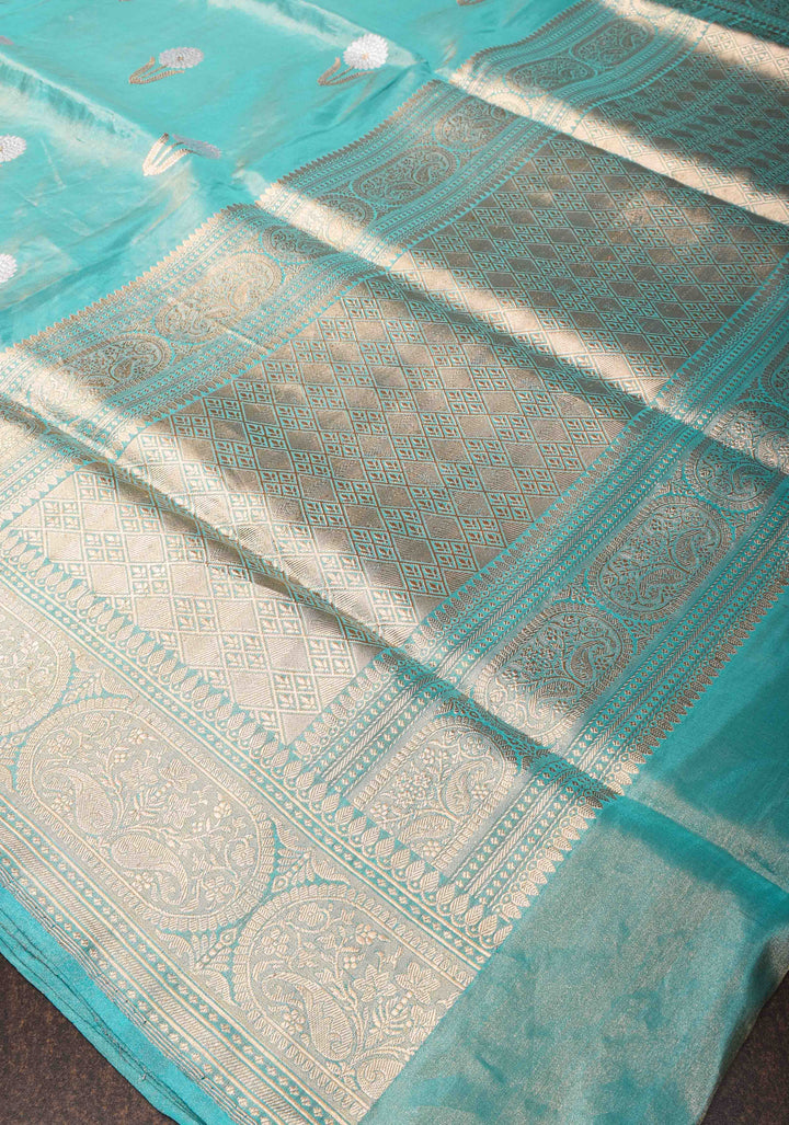 Cyan Tissue Banarasi Silk Saree with Alfi Motifs and Zari Border | SILK MARK CERTIFIED