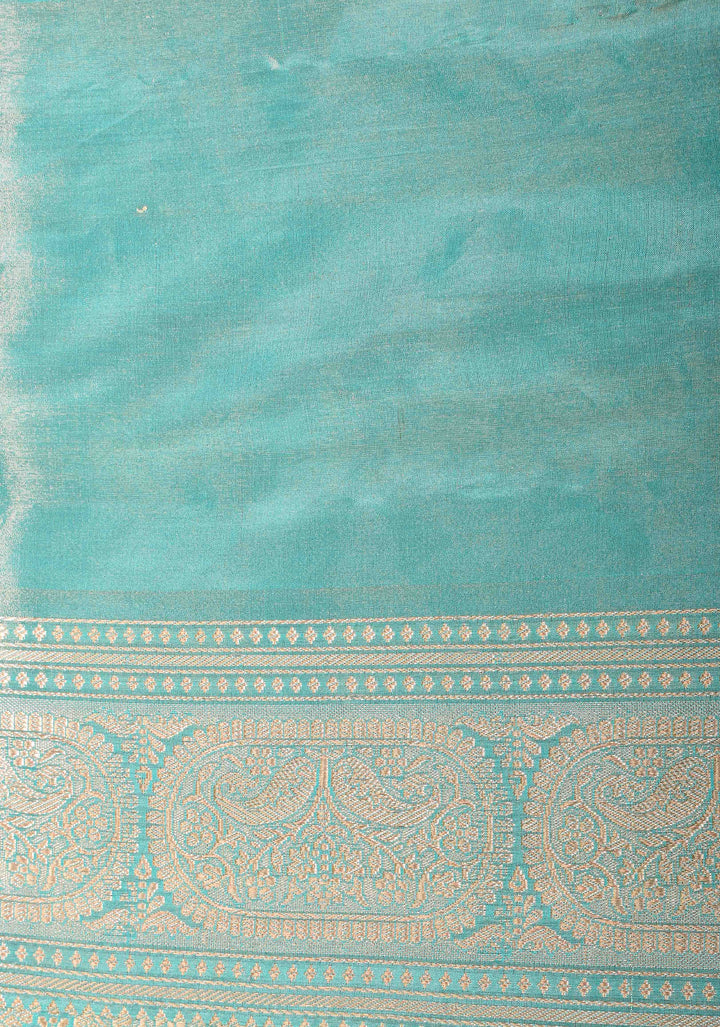 Cyan Tissue Banarasi Silk Saree with Alfi Motifs and Zari Border | SILK MARK CERTIFIED