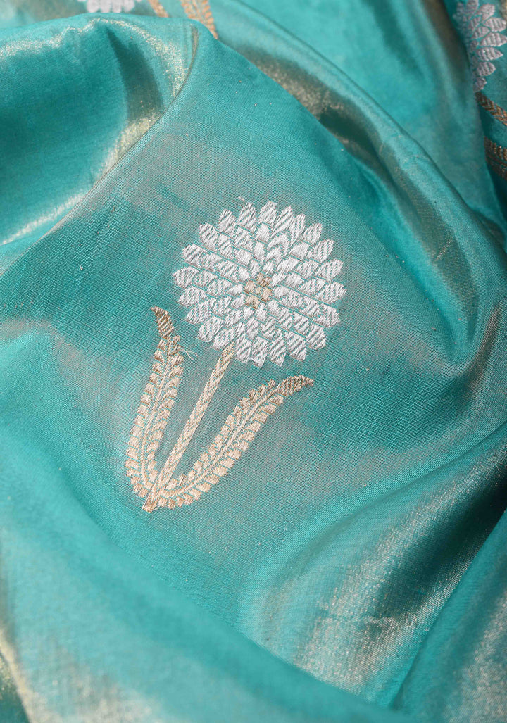 Cyan Tissue Banarasi Silk Saree with Alfi Motifs and Zari Border | SILK MARK CERTIFIED