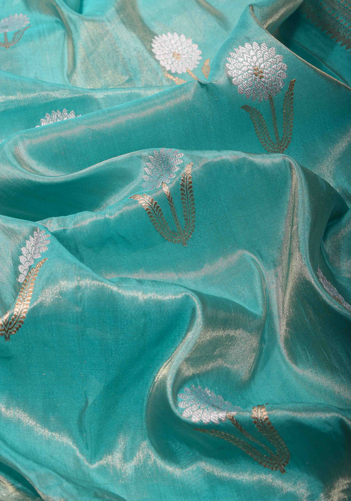 Cyan Tissue Banarasi Silk Saree with Alfi Motifs and Zari Border | SILK MARK CERTIFIED