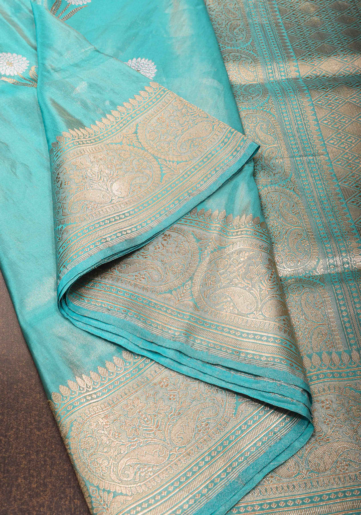 Cyan Tissue Banarasi Silk Saree with Alfi Motifs and Zari Border | SILK MARK CERTIFIED