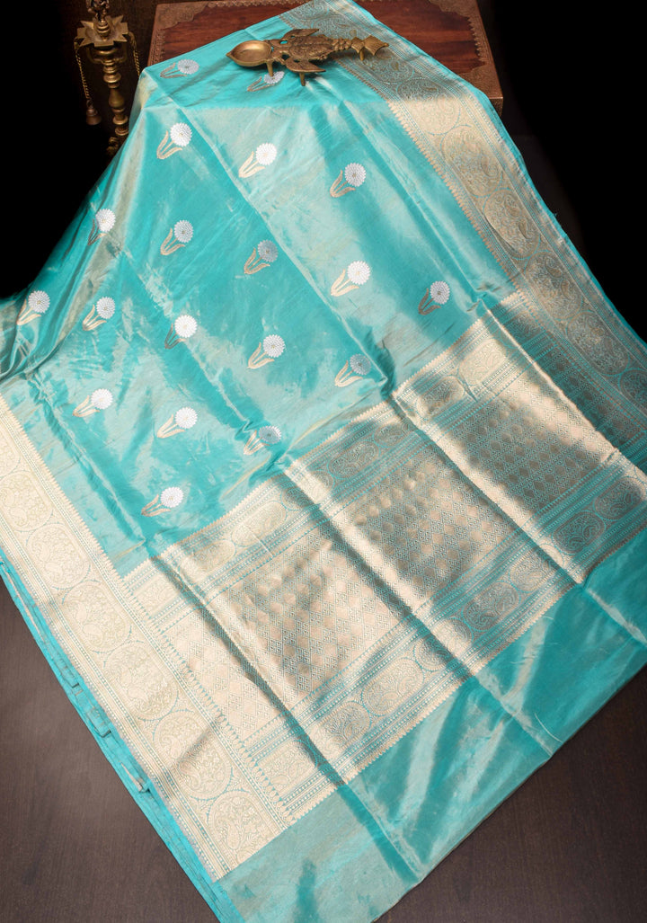 Cyan Tissue Banarasi Silk Saree with Alfi Motifs and Zari Border | SILK MARK CERTIFIED