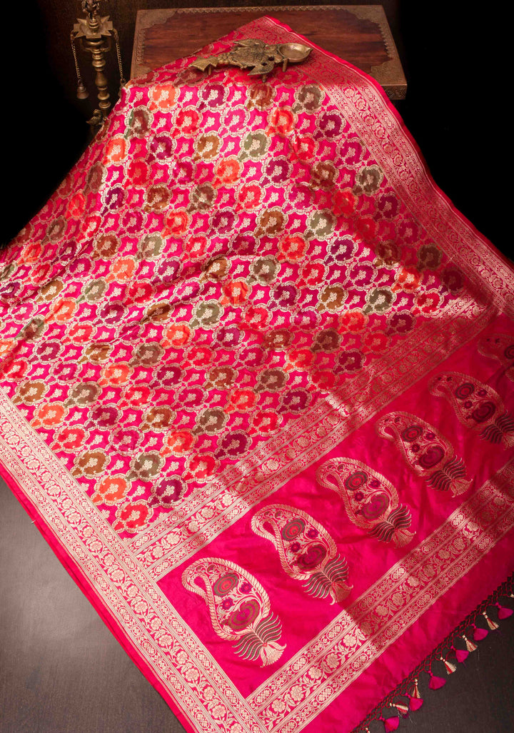 Pink Banarasi Meenakari Jaal Katan Silk Saree with zari border  | SILK MARK CERTIFIED