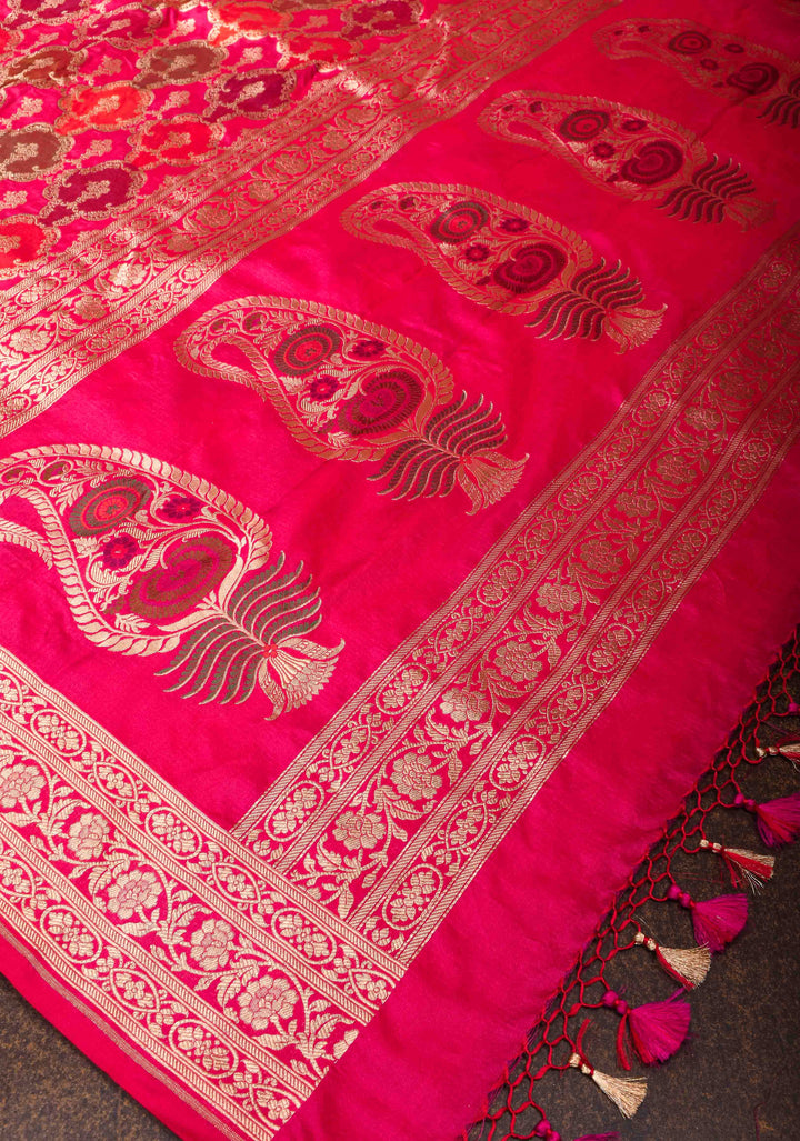 Pink Banarasi Meenakari Jaal Katan Silk Saree with zari border  | SILK MARK CERTIFIED