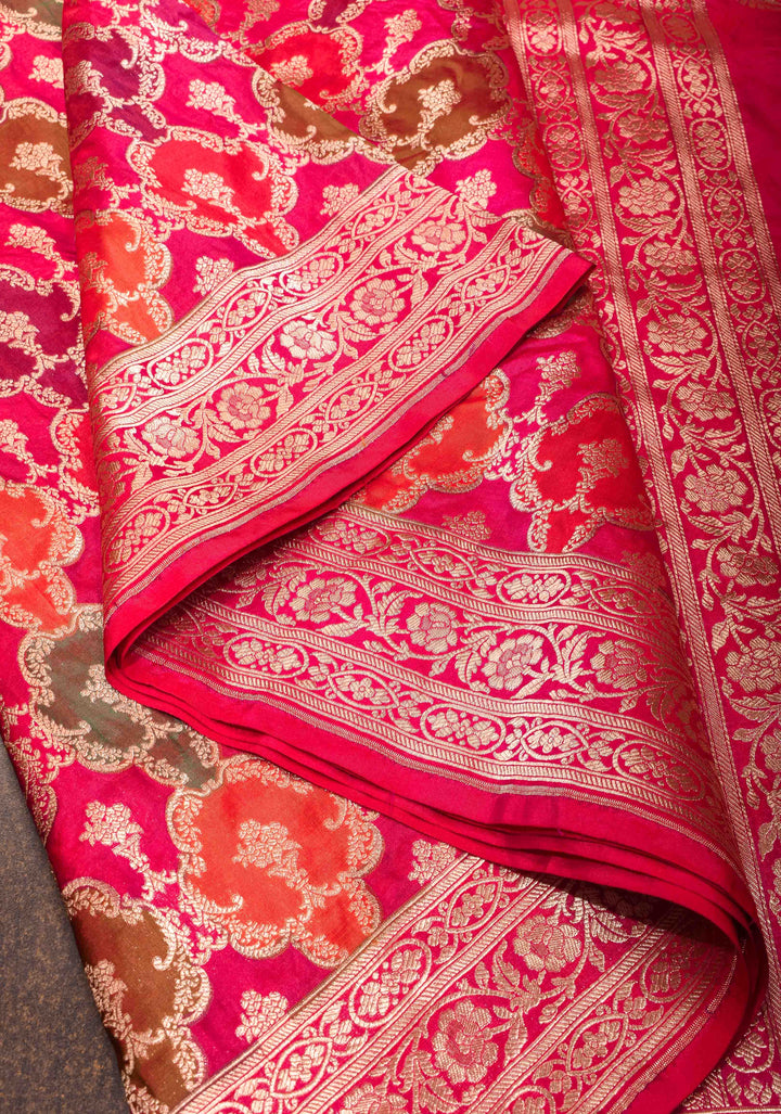 Pink Banarasi Meenakari Jaal Katan Silk Saree with zari border  | SILK MARK CERTIFIED
