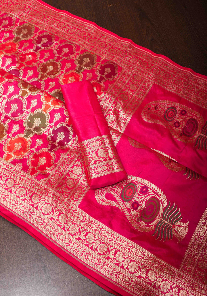 Pink Banarasi Meenakari Jaal Katan Silk Saree with zari border  | SILK MARK CERTIFIED