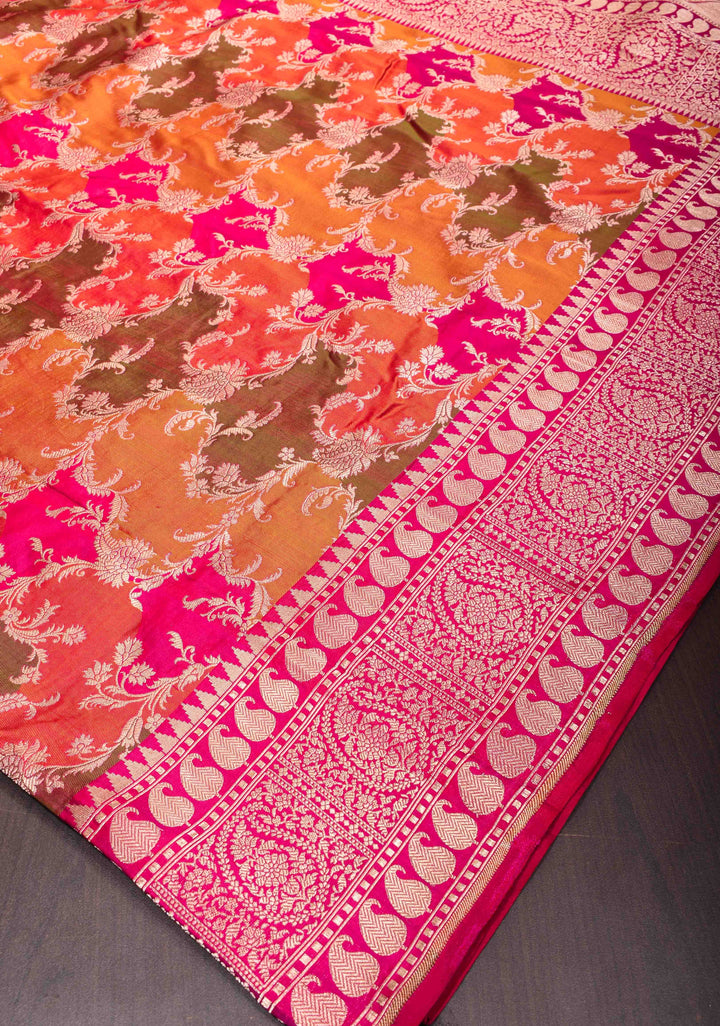 Multicolor Exquisite Rangkaat Design Floral Jaal Banarasi Katan Silk Saree with Zari Border | SILK MARK CERTIFIED